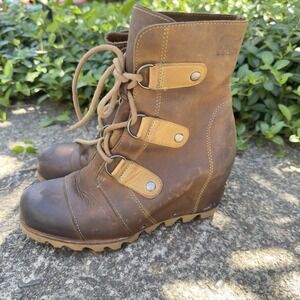 Sorel Joan of Arctic 1627141 Boots Women US 6.5 Brown Leather Lace Up Wedge Heel